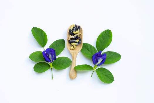 Dry Butterfly pea flower with green leaves on white background. 