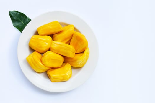 Ripe jackfruit on dish plate isolated on white background.