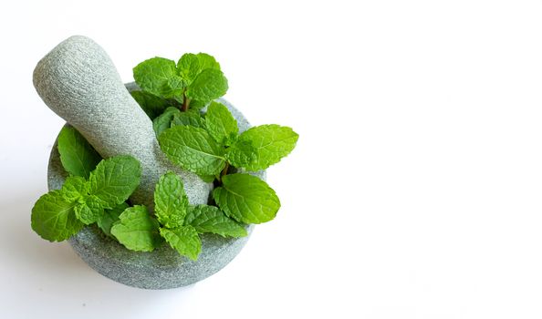 Mint leaves in stone mortar and pestle on white background. 