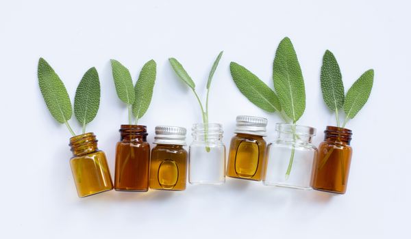 Essential oil with fresh sage leaves on white background. Top view