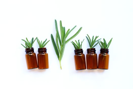 Rosemary leaves with essential oil bottles on white background. 