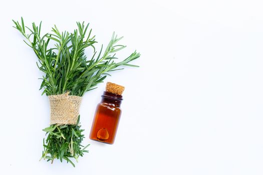 Essential oil with fresh rosemary leaves on white background. Copy space