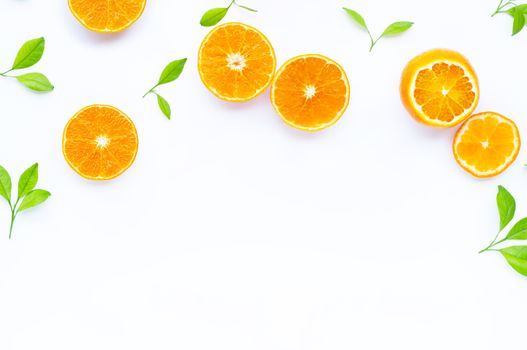 Orange fruit on white background. Copy space
