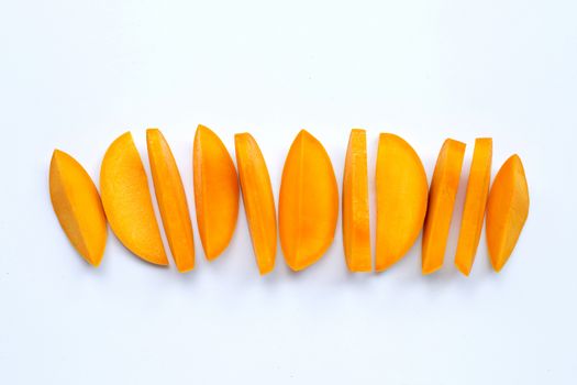 Tropical fruit, Mango slices  on white background. Top view