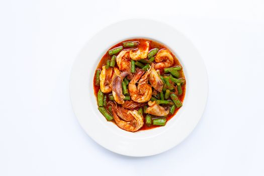 Spicy stir fried seafood and yard long bean with red curry paste. Thai food