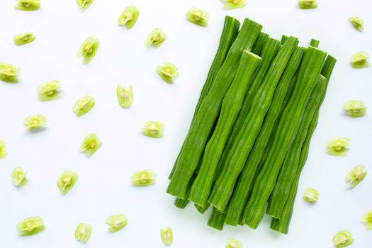 Moringa oleifera with fresh seeds isolated on white background.