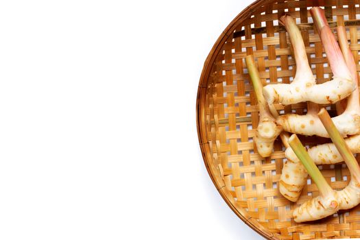 Fresh galangal on wooden bamboo threshing basket background. Copy space