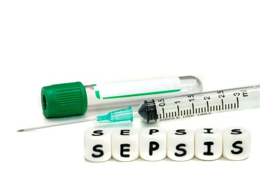 A laboratory test tube and a syringe for blood sampling in the patient with infection. The alphabet letters sepsis emphasize the awareness of this serious condition.
