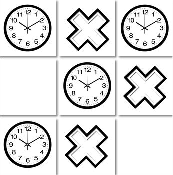 A tic tac toe pattern made of images of black and white layered crosses and wall clocks on white tile background. Illustration art.