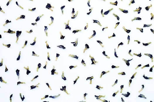 Sun dried butterfly pea on white background. Top view
