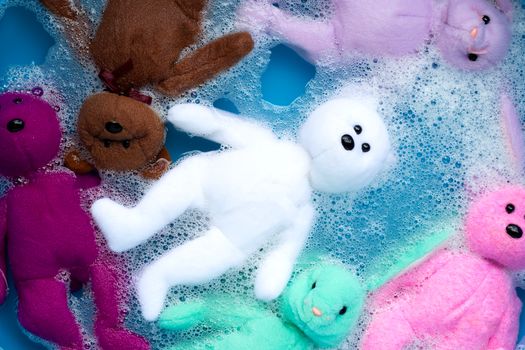 Soak toy teddy bear in laundry detergent water dissolution before washing.  Laundry concept
