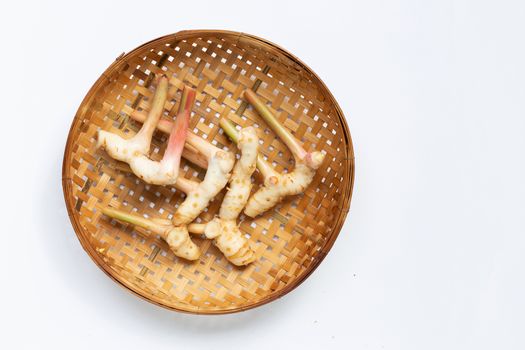 Fresh galangal on wooden bamboo threshing basket background.