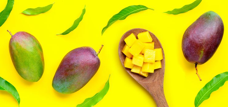 Mango with leaves on yellow background. Top view