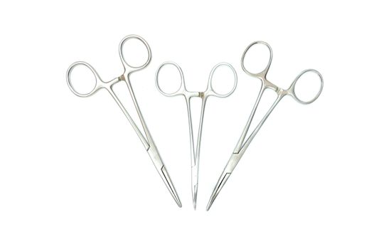 three surgical clamps, isolated on white background, top view