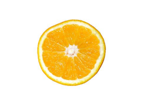 fresh navel orange slice, top macro view, isolated on white background
