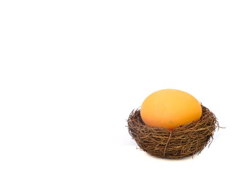 orange easter egg in a bird nest, isolated on white backgound