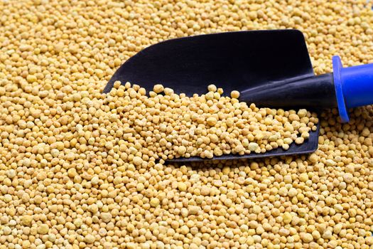 Chemical plant fertilizer with garden trowel for planting and plantation.