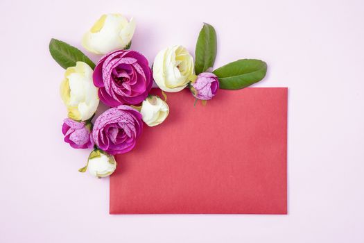 High resolution invitation red envelope mockup template with double edged pink and creamy yellow floral decoration, flat design with copy space.