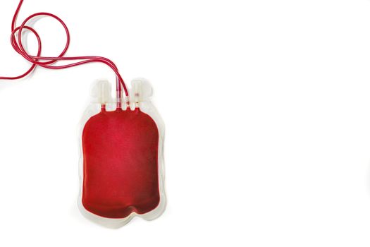 A plastic bag filled with fresh red blood, isolated on white background. Blood donation, transfusion, letting. Top view image with copy space.