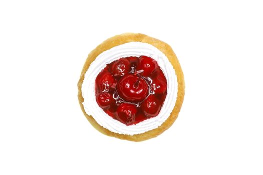 donut with cherry jam topping, isolated on white background, top view