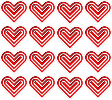 a square pattern made of layered red and white hearts, papercut style, on white background. Illustration art.