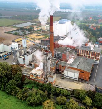 Aerial photo of a sugar factory during the beet campaign, photo taken with a drone