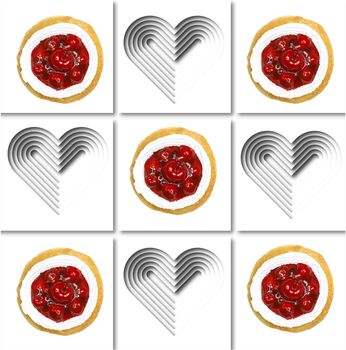 a square pattern made of images of cherry jam donut and white papercut hearts on white background. Illustration art.