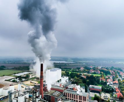 Aerial photo of a sugar factory during the beet campaign, photo taken with a drone
