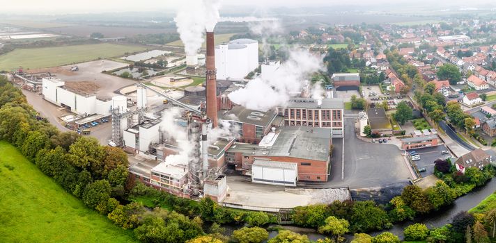 Aerial photo of a sugar factory during the beet campaign, photo taken with a drone