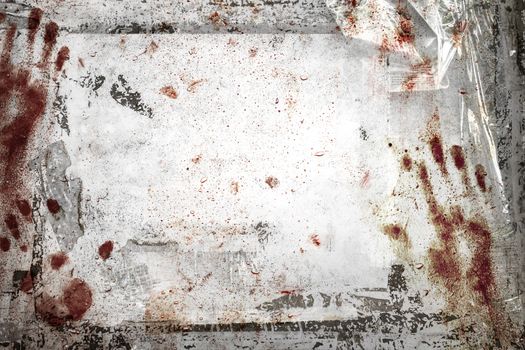 Horror background with grungy frame, bloody handprints, remains of scotch tape and cellophane. Fully editable. It can be used as a party invitation, food menu, poster, wallpaper, design t-shirts and more.