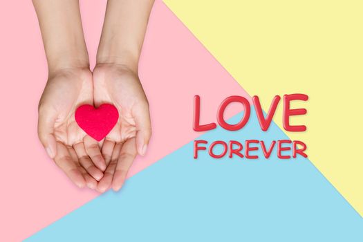 red heart on woman hand with love forever phrase on pastel color background, love concept