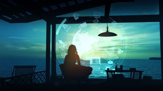 Female silhouette works at a laptop in a bungalow on the beach and infographics on the Travel theme.
