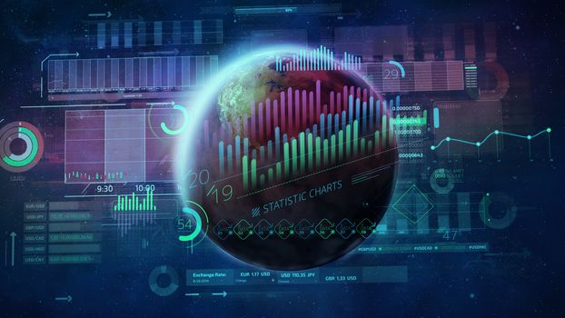 Globe surrounded by multi-colored graphs and charts on a background of a star outer space.