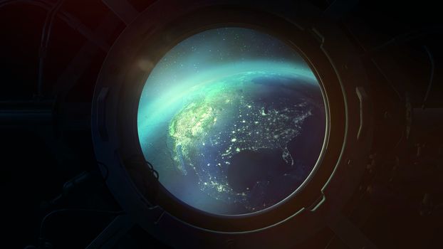 The globe half illuminated by the sun is visible in the porthole of a spaceship.