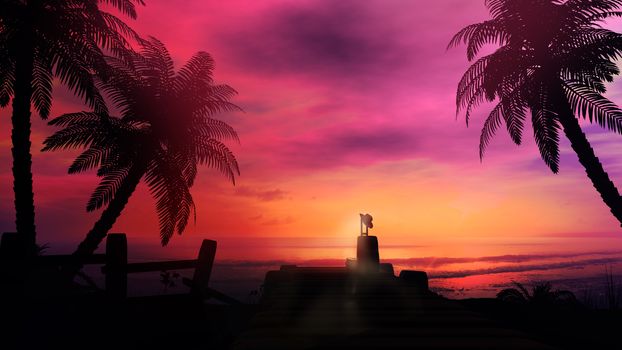 A suitcase stands on a wooden pier against the backdrop of the setting sun in the ocean.