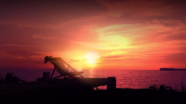 A lonely empty deck chair stands against the backdrop of an orange sunset.