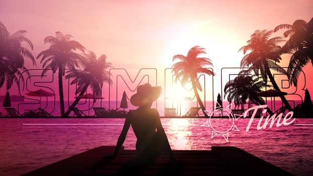 Silhouette of a woman resting on a wooden pier at a resort beach against the backdrop of a summer sunset.