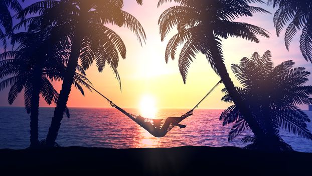 Woman meets dawn resting in a hammock between palm trees.