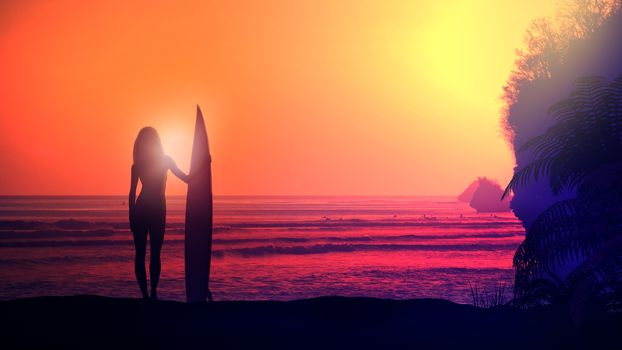Silhouette of a surfer woman on a background of bright red sunset.