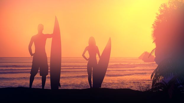 Male and female silhouette of surfers with boards in hands standing on a sunset background.