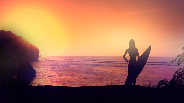 A silhouette of a surfer stands against the backdrop of waves and sunset.