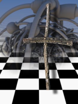 3d rendering - Wooden cross against the futuristic background

