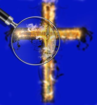 Floral Cross in fire  on blue background made in 3d software