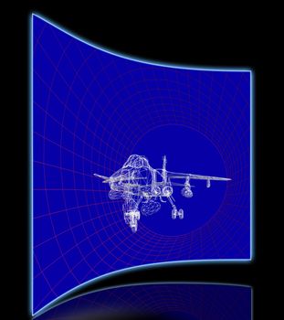 Simulation of an aircraft model being analyzed in wind tunnel for aerodynamic effects on its structure