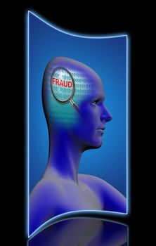 profile of a man with close up of magnifying glass on fraud  made in 2d software