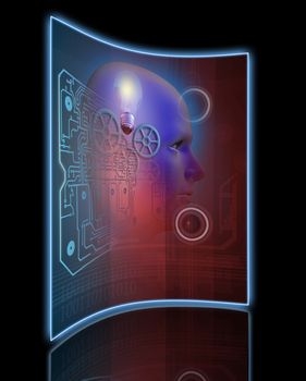 technology background in blue end red and profile of a man with gears and a light bulb  made in3d software