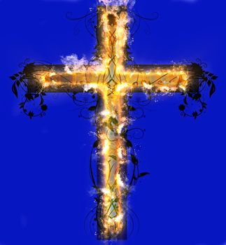 Floral Cross in fire  on blue background made in 3d software