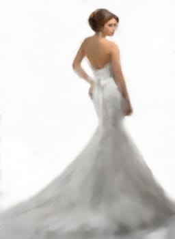 paint of beautiful young bride in white dress