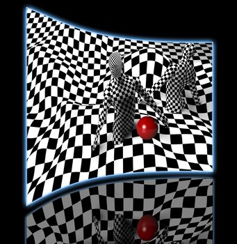 black end white checkered man with red ball