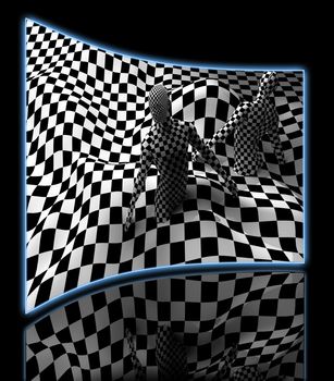 Checkered composition with Black end White checkered people made in 3d